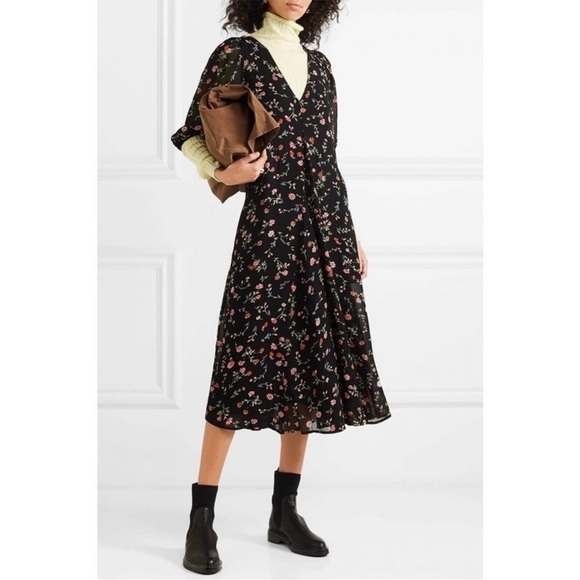 GANNI Elm Georgette Midi Dress Black/Pink Floral Size 2 - Picture 4 of 14
